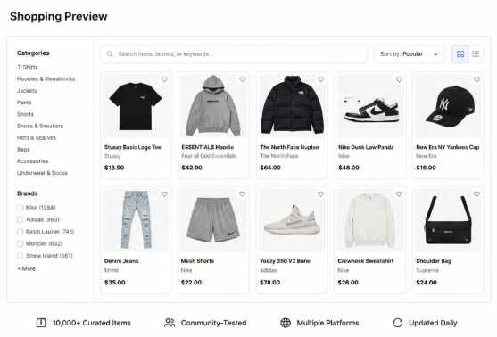 Orientdig shopping preview showing product categories and item options
