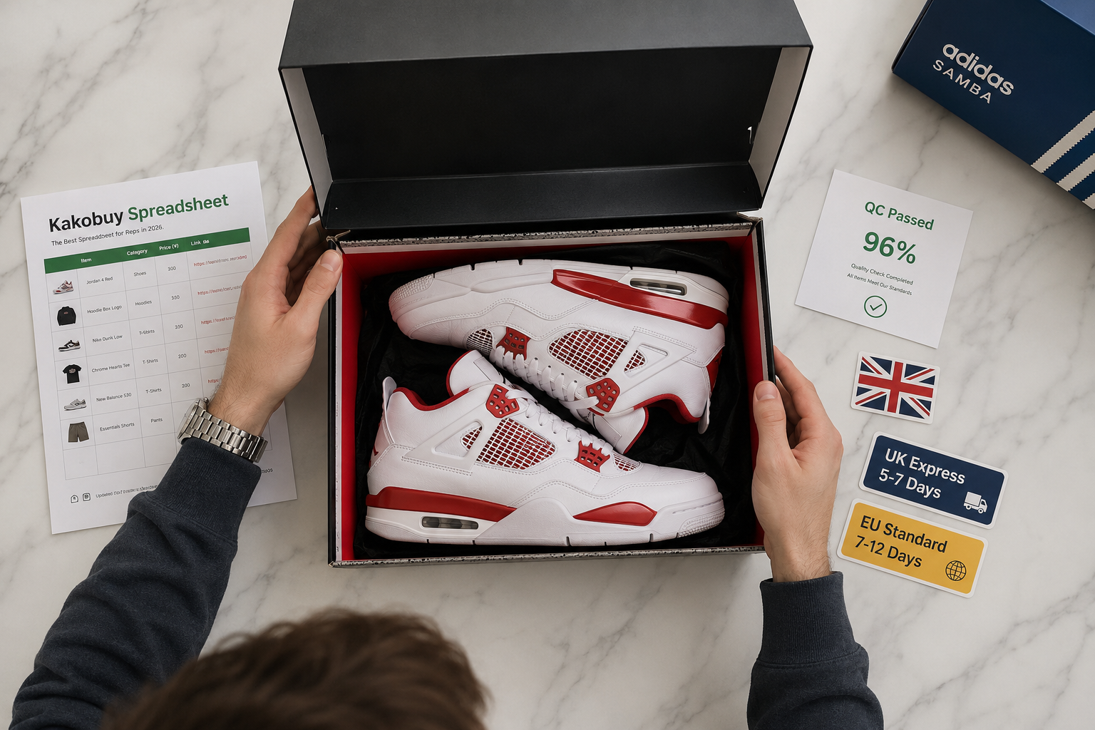 Premium sneaker unboxing with quality inspection card and UK EU shipping labels, Jordan 4 Adidas Samba Premium sneaker unboxing with quality inspection card and UK EU shipping labels, Jordan 4 Adidas Samba